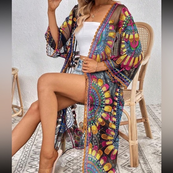 Black embroidered Swim sheer long kimono Coverup - Picture 4 of 4